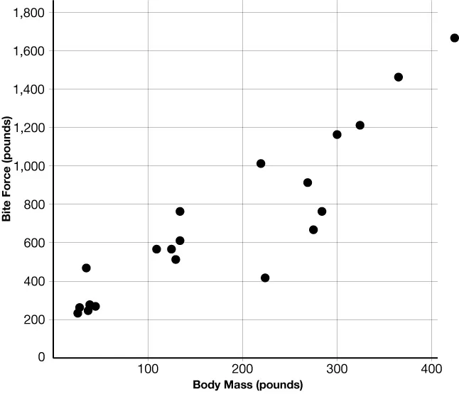 SCATTER PLOT THAT SHOWS THE RELATIONSHIP BETWEEN BODY MASS IN POUNDS AND BITE FORCE IN POUNDS. THE SCATTER PLOT SHOWS A STRONG POSITIVE CORRELATION.