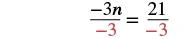 A mathematical equation shows '-3n divided by -3 equals 21 divided by -3'. The denominator, -3, is highlighted in red on both sides of the equation, indicating division as a step in solving for 'n'.