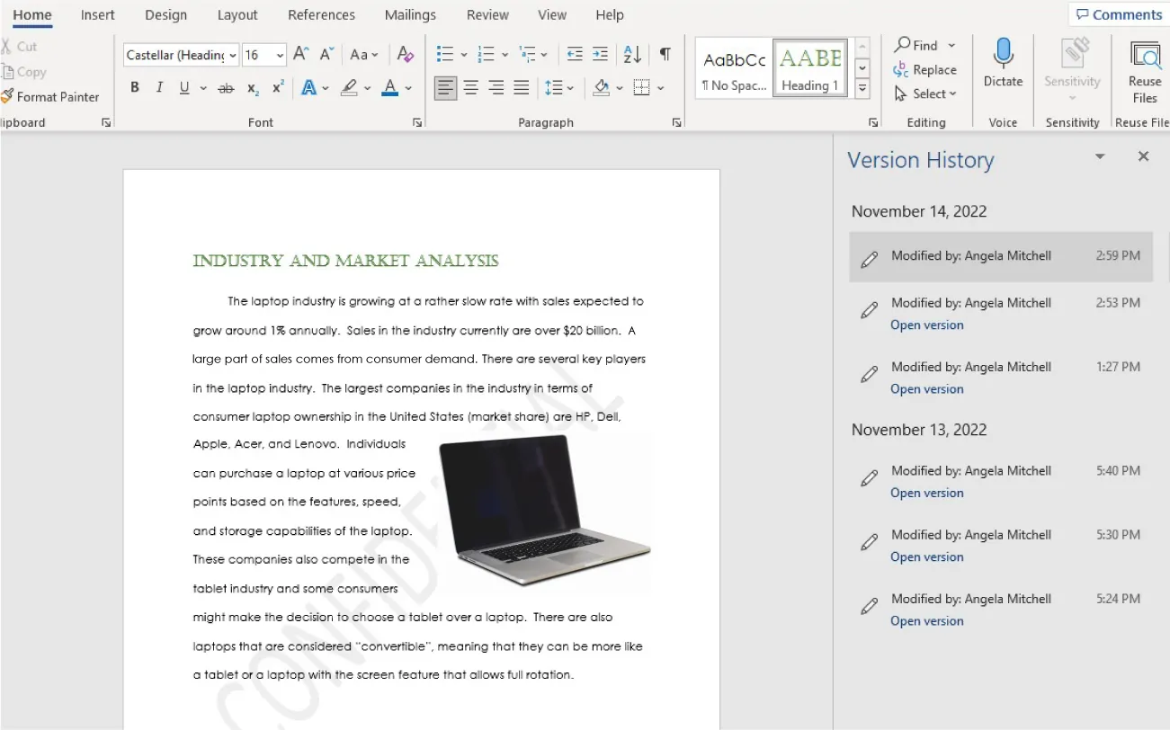 A Word Doc is shown. An open pane displays the Version History, listing dates, time, and editors. If the version is open, Open version is listed in blue font.