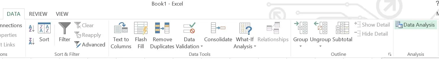 The top menu bar of an opened spreadsheet in Microsoft Excel. This toolbar shows the 'Data' tab and all the available tools within this tab.
