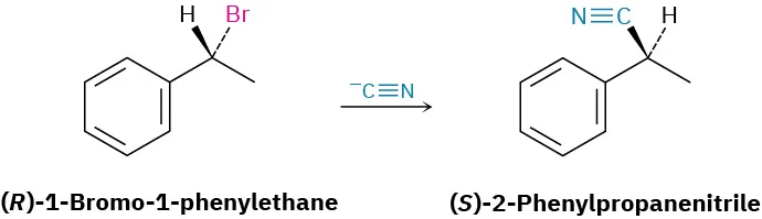 The reaction of (R)-1-bromo-1-phenylethane with cyanide yields (S)-2-phenylpropanenitrile.