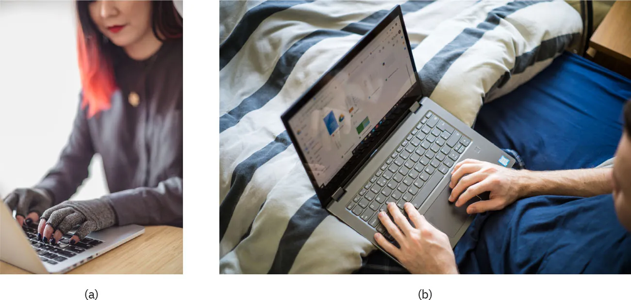 Photos of (a) an individual typing on a laptop at a table and (b) an individual typing on a laptop on a bed.