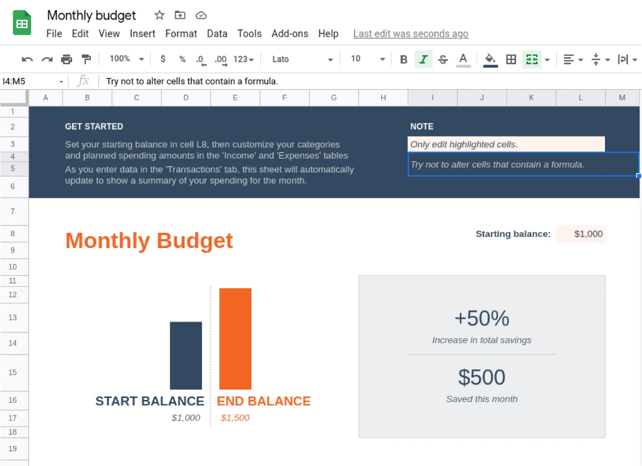 Monthly budget spreadsheet template displays header and sample charts and infomation boxes for customization.