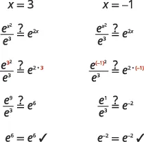 Step-by-step verification that e^(x^2) / e^3 = e^(2x) for x=3 and x=-1, demonstrating equality through algebraic simplification of exponents.
