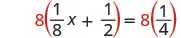 A mathematical equation shows '8(1/8x + 1/2) = 8(1/4)', with the number 8 and the parentheses highlighted in red.