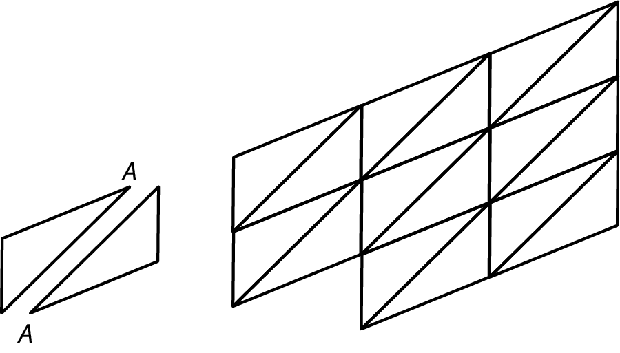 Two figures. The first figure shows two triangles. In each triangle, a vertex is labeled A. The second figure is a tessellation pattern made up of 16 triangles.