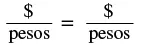 A diagram showing the expression "dollars per peso equals dollars per peso." The image illustrates that the ratio of dollars to pesos remains constant.