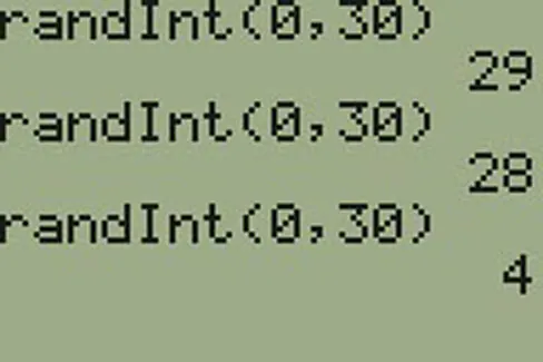 This figure shows a sample of random numbers generated on a calculator. It should a RandInt (0,30) 29, randInt (0,30) 28, and randInt (0,30) 4