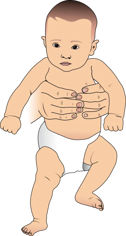 Image of hands holding infant while one leg is on the ground and one leg is bent at the knee and in the air.