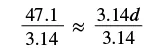 A mathematical expression shows the fraction 47.1 over 3.14 approximately equal to the fraction 3.14d over 3.14.