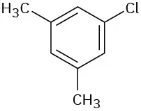 In a benzene ring, C 1 is bonded to a chlorine atom. C 3 and C 5 are each bonded to a methyl group.