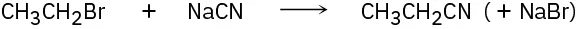Ethyl bromide reacts with sodium cyanide to form ethyl cyanide and sodium bromide.