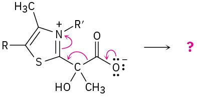 An incomplete reaction shows a substituted thiazole ring forming unknown product(s), depicted by a question mark. Three arrows depict the movement of electrons.