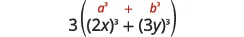 Mathematical expression: 3((2x) ^3 + (3y)^3). Red a^3 and b^3 above the terms suggest the sum of cubes formula, a^3 + b^3.