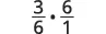 A mathematical expression showing the multiplication of two fractions: 3/6 multiplied by 6/1. The 'dot' symbol is used to denote multiplication between the fractions.