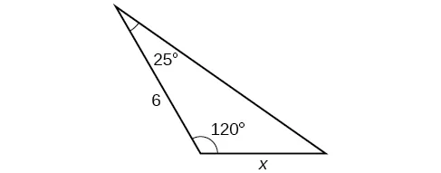 Un triángulo con un ángulo = 120 grados. Otro ángulo es de 25 grados con el lado opuesto = x. El lado adyacente a los ángulos de 25 y 120 grados tiene una longitud de 6.