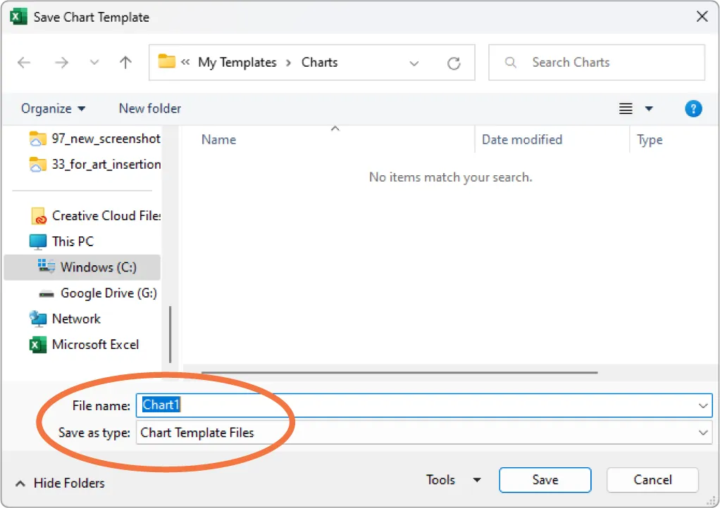 Save Chart Template pane displays options for File Name: Chart1 and Save as type: Chart Template Files.