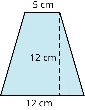 A trapezoid with its top and bottom bases marked 5 centimeters and 12 centimeters. The height is marked 12 centimeters.