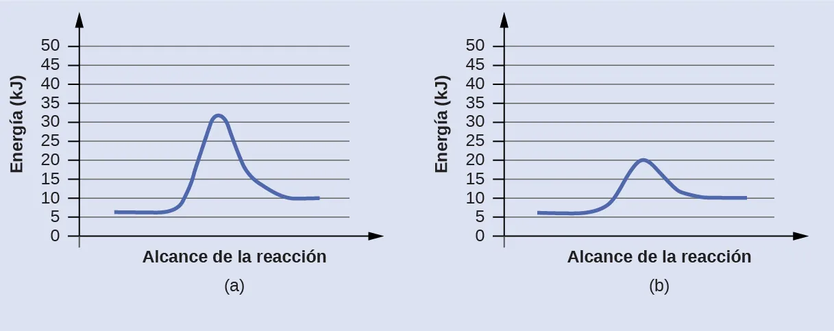 En esta figura se muestran dos gráficos. Los ejes de la x están etiquetados como "Extensión de la reacción" y los ejes de la y como "Energía ( k J )". Los ejes de la y están marcados de 0 a 50 en intervalos de cinco. En a, se muestra una curva azul. Comienza con un segmento horizontal en torno a 6. A continuación, la curva sube bruscamente cerca de la mitad para alcanzar un máximo de aproximadamente 32 y, del mismo modo, baja hasta otro segmento horizontal cerca de 10. En b, la curva comienza y termina de forma similar, pero el máximo alcanzado cerca del centro del gráfico es solo de 20.