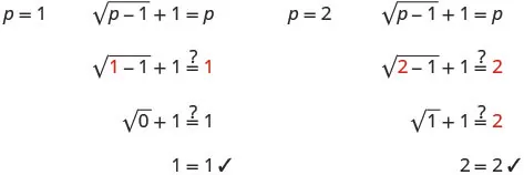 Mathematical proof demonstrating the equation sqrt(p-1) + 1 = p holds true for p=1 and p=2, showing detailed step-by-step verification for each value of p.