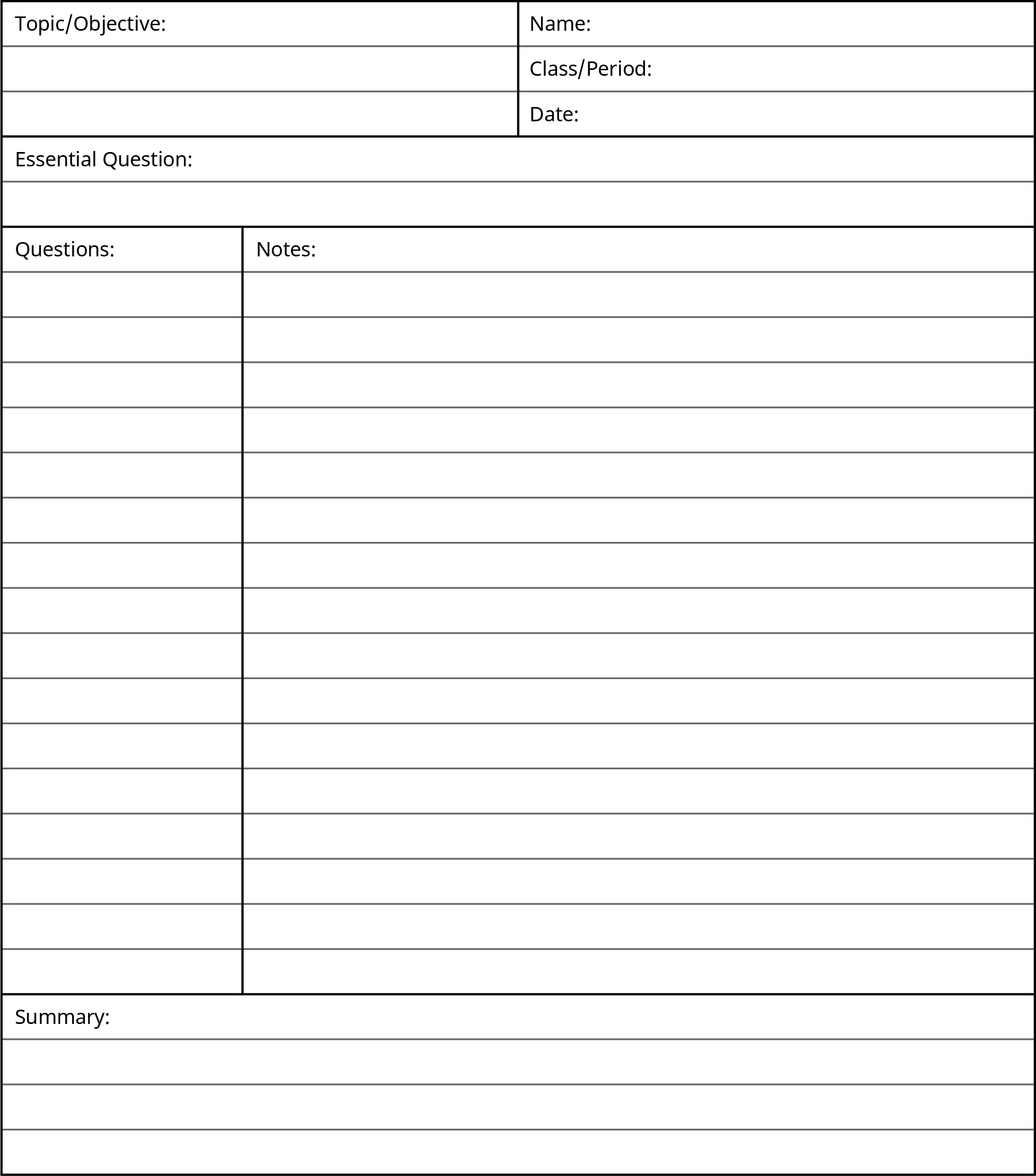 A page of a school notebook has rows and columns for “Topic/Objective,” “Name,” “Class/Period,” “Date,” “Essential Question,” “Questions,” “Notes,” and “Summary.”