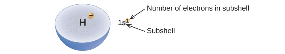 A light blue hemisphere is labeled H. At a location about midway between the center and outer edge of the hemisphere, a small yellow-orange sphere is shown that is labeled with a negative sign. To the right of this diagram is the electron configuration 1 s superscript 1. The superscript is shown in a small yellow-orange circle. This superscript is labeled, “Number of electrons in subshell,” and the s is labeled, “Subshell.”