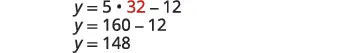 A step-by-step mathematical calculation is shown where y = 5 * 32 - 12 simplifies to y = 160 - 12, resulting in the final answer of y = 148.