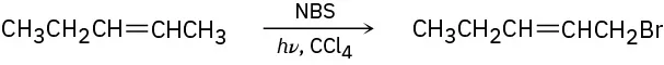 Pent-2-ene reacts with N-bromosuccinimide, light, and carbon tetrachloride to form 1-bromopent-2-ene.