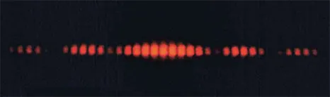 La figura es una imagen que muestra un patrón de interferencia rojo sobre un fondo negro. La parte central tiene líneas más brillantes. Las líneas alcanzan un límite máximo y mínimo, como si estuvieran encerradas entre dos ondas sinusoidales de fase opuesta.