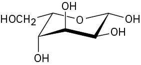 The Haworth projection of a beta pyranose in which two hydroxyl groups are axial at C 3 and C 4  and one equatorial hydroxyl at C 2.