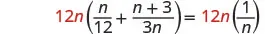 A mathematical equation is shown with 12n multiplying a sum of fractions (n/12 + (n+3)/(3n)) on the left, and 12n multiplying a fraction (1/n) on the right, all in black text with '12n' in red.
