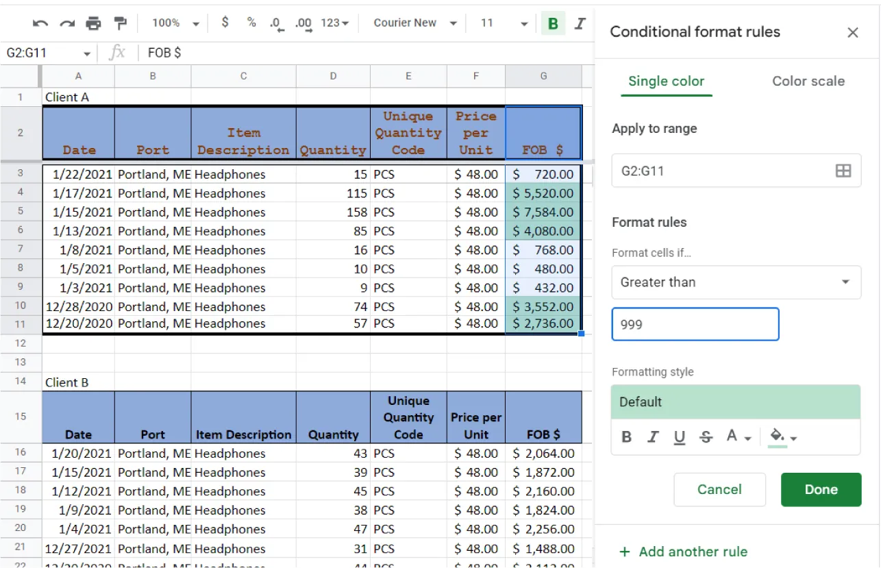 Single color tab selected in Conditional format pane. Format rules for Greater than 999 and Default Formatting style are selected. In column G of spreadsheet, items over 999 are highlighted.