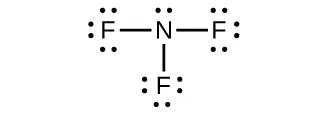 This Lewis structure shows a nitrogen atom, with one lone pair of electrons, single bonded to three fluorine atoms. Each fluorine atom has three lone pairs of electrons.