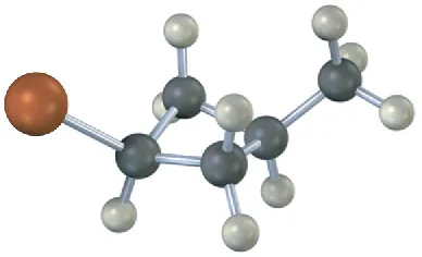 The ball and stick model of cis-1-bromo-3-methylcyclobutane. C1 and C3 are bonded to bromine atom and methyl group, respectively. Black, red, and gray spheres represent carbon, bromine, and hydrogen, respectively.