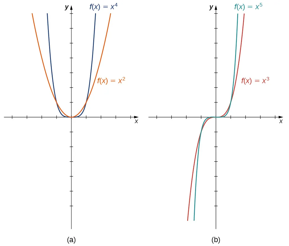Imagen de dos gráficos. Ambos gráficos tienen un eje x que va de –4 a 4 y un eje y que va de –6 a 7. El primer gráfico está marcado como "a" y es de dos funciones. La primera función es "f(x) = x a la 4.ª"&nbsp;, que es una parábola que disminuye hasta el origen y vuelve a aumentar después del origen. La segunda función es "f(x) = x al cuadrado", que es una parábola que disminuye hasta el origen y vuelve a aumentar después del origen, pero aumenta y disminuye a un ritmo más lento que la primera función. El segundo gráfico está marcado como "b" y es de dos funciones. La primera función es "f(x) = x a la 5ª", que es una función curva que aumenta hasta el origen, se iguala en el origen y vuelve a aumentar después del origen. La segunda función es "f(x) = x al cubo", que es una función curva que aumenta hasta el origen, se iguala en el origen y vuelve a aumentar después del origen, pero aumenta a un ritmo más lento que la primera función.