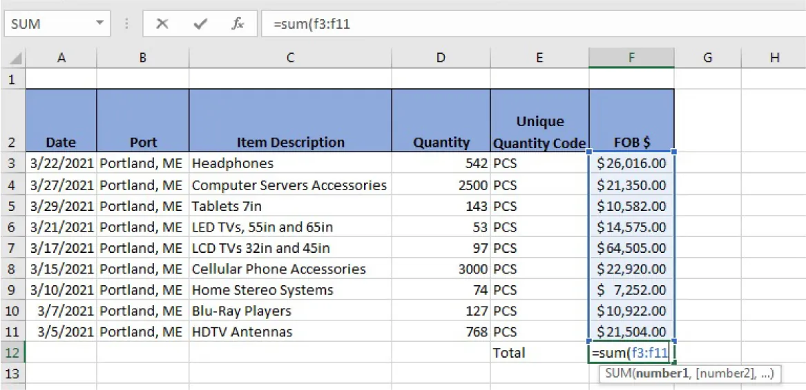 Cell F12 and the formula bar show “=sum(f3:f11.” Cells F3 through F11 are selected. A small text box shows: SUM(number1, [number2], …).