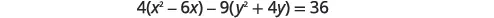 The image shows the mathematical equation 4(x^2 - 6x) - 9(y^2 + 4y) = 36, which is an equation of a hyperbola.