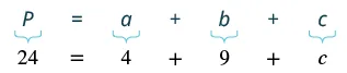 Mathematical problem illustrating variable substitution: P = a + b + c, with 24 = 4 + 9 + c provided.