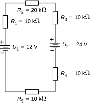 Rysunek przedstawia dodatni zacisk 12 V źródła napięcia V ze znakiem 1 połączony szeregowo z 10 kΩ opornikiem R ze znakiem 1 połączony szeregowo z 20 kΩ opornikiem R ze znakiem 2 połączony szeregowo z 10 kΩ opornikiem R ze znakiem 3 do dodatniego zacisku 24 V źródła napięcia połączonego szeregowo z 10 kΩ opornikiem R ze znakiem 4 połączonym szeregowo z 10 kΩ opornikiem R ze znakiem 5. 