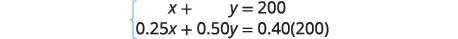 A system of two linear equations is presented, with the first equation being x + y = 200, and the second equation being 0.25x + 0.50y = 0.40(200), enclosed by a left brace.