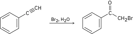 A phenyl alkyne reacts with bromine and water to form a phenyl bromo methyl ketone.