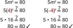 Verifying that both m=4 and m=-4 are solutions to the equation 5m^2=80, as both positive and negative values yield 80=80 when squared and multiplied by 5.