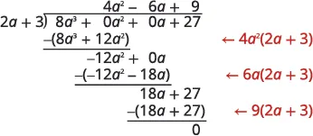 A step-by-step example of polynomial long division showing (8a^3 + 27) divided by (2a + 3), resulting in 4a^2 - 6a + 9 with a remainder of 0. The intermediate multiplication steps are also indicated.