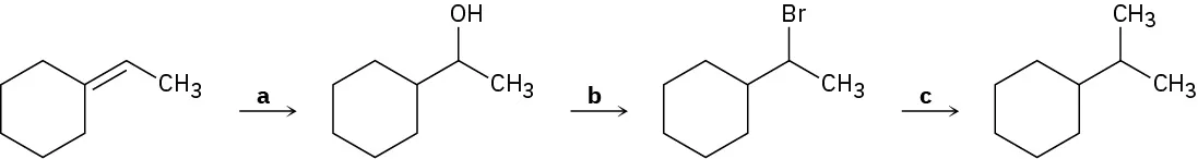 Ethylidene cyclohexane reacts with reagent a to form 1-cyclohexylethanol. The  formed product reacts with reagent b to form (1-bromoethyl)cyclohexane which further reacts with reagent c to form isopropylcyclohexane.