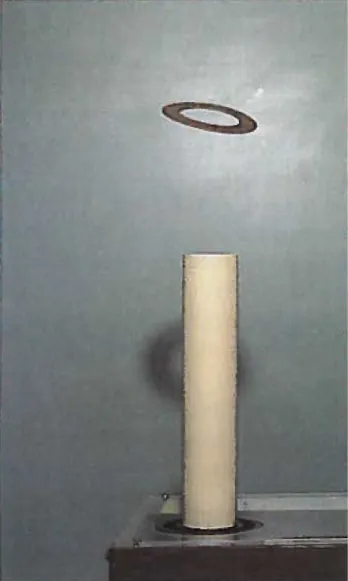 La figura es una fotografía de un fino anillo de metal que levita sobre el solenoide vertical.