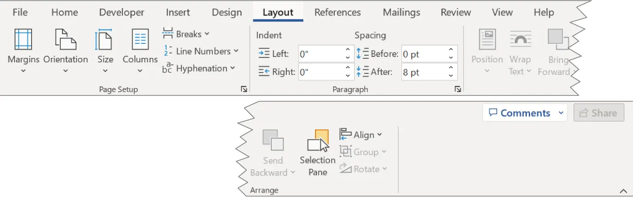 Command groups in Layout tab include Page Setup (Margins, Orientation, Size, Columns, Breaks, Line Numbers, Hyphenation), Paragraph (Left/Right indent, Before/After spacing), Arrange (Position, Wrap Text, Bring Forward/Send Backward, Selection Pane, Align, Group/Rotate).