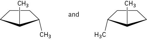 Two structures of two isomers, trans-1,2-dimethylcyclopentane. The position of one methyl group is different in both structures.
