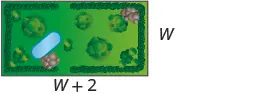 An overhead view of a rectangular park or garden with green grass, several trees, two brown rock formations, and an oval blue pond. The dimensions are labeled 'W' for width and 'W + 2' for length.