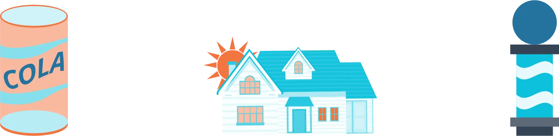 An illustration shows a can of cola, a house, and a barber shop pole.