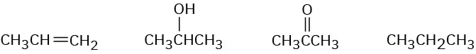Chemical structures of propene, isopropyl alcohol, acetone and propane.
